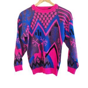 Size S – Rainbow Ridge 1980s Neon Elk Winter Knit Sweater
